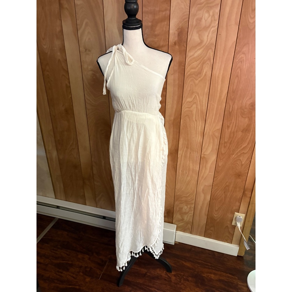 White‎ One Shoulder Tassel Hem Maxi Dress Small Beach Coverup Wrap Skirt Boho